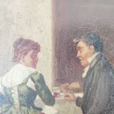 Couple seated at a table in an inn, signed oil on panel, 19th century