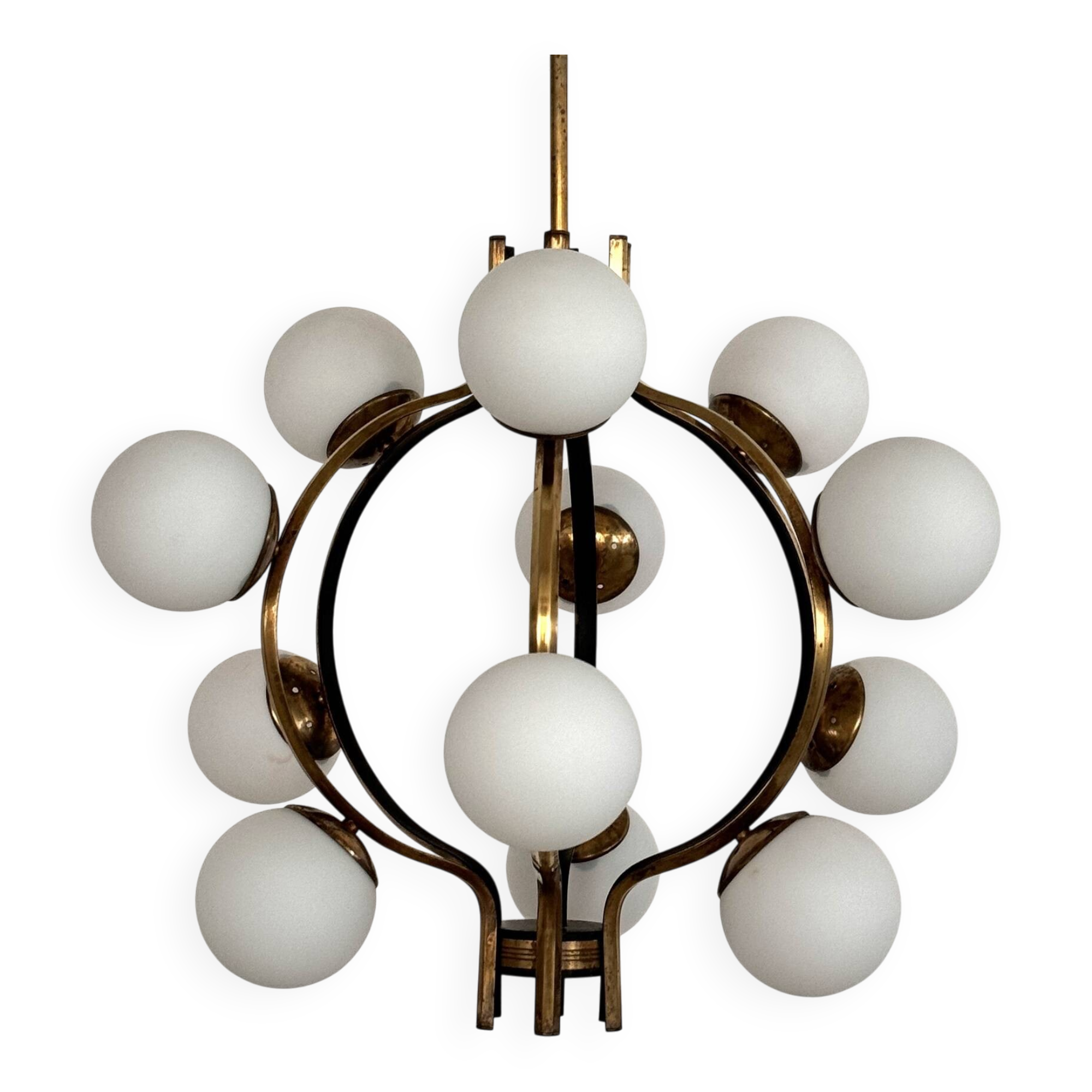 Stilnovo Italian Midcentury Chandelier, Brass & Opaline Glass, 1950s
