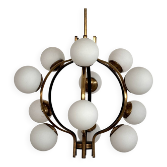Stilnovo Italian Midcentury Chandelier, Brass & Opaline Glass, 1950s