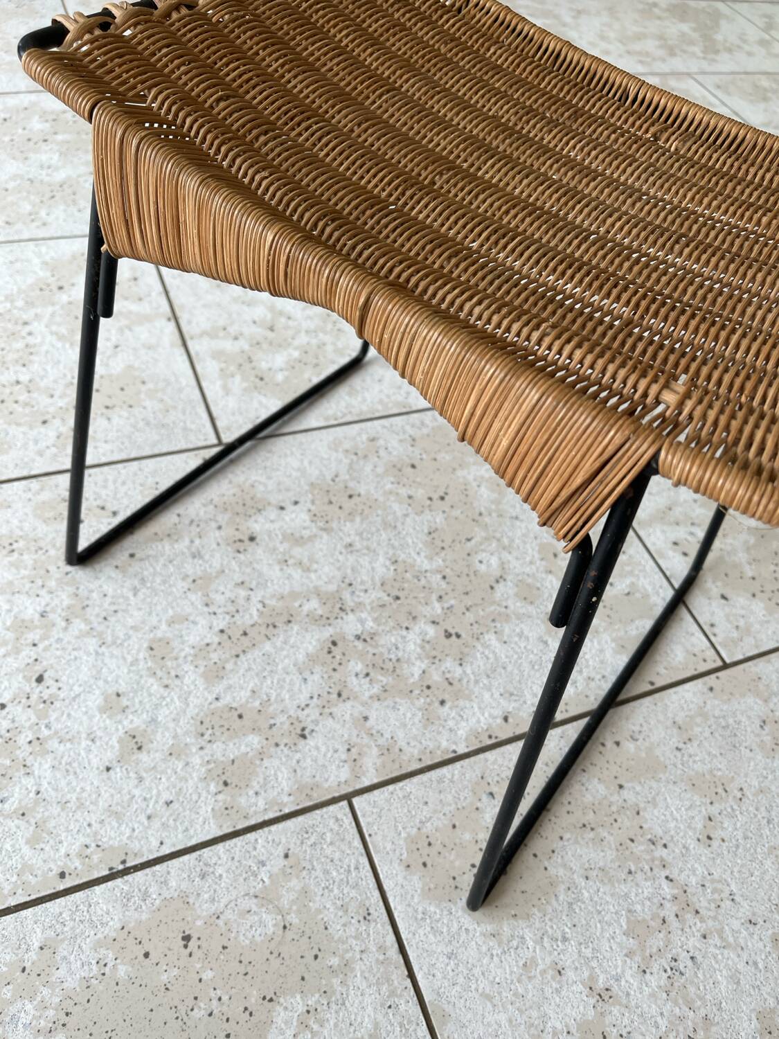 Vintage rattan and steel stool by Raoul Guys for Airborne, 1950s
