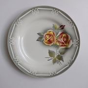3 Digoin Sarreguemines Adèle plates in grey, yellow, and burgundy.