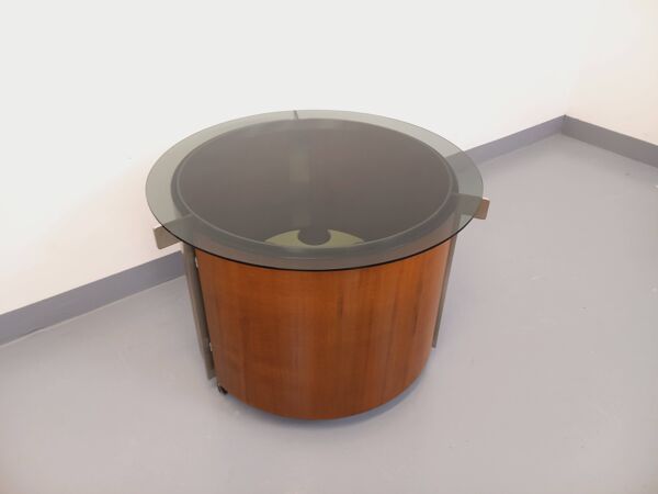 Table basse ronde teck italienne bar pivotant de Eugenio Gerli pour Tecno
