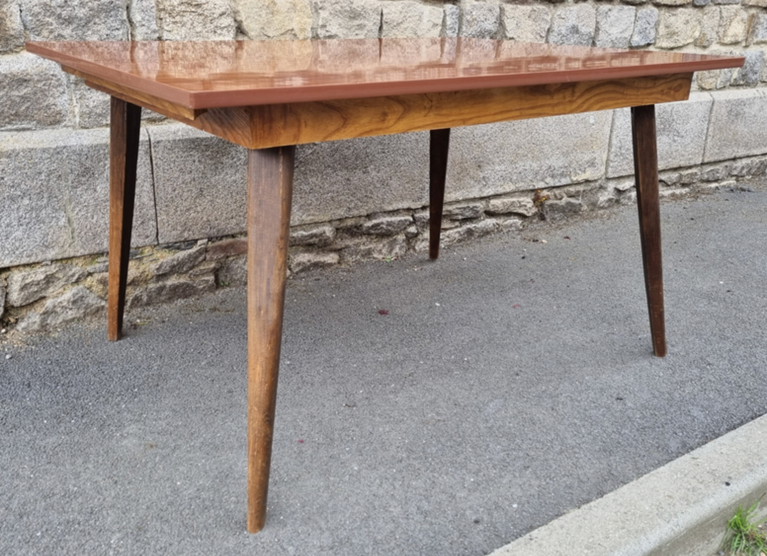 Dining room table, formica, wooden compass legs, 50s