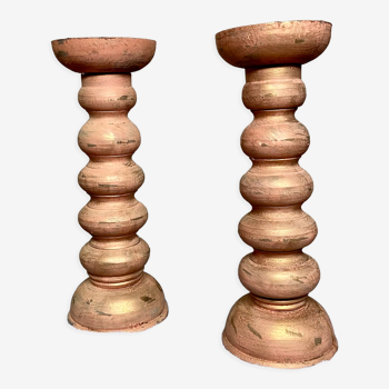 Set of 2 turned wooden candle holders