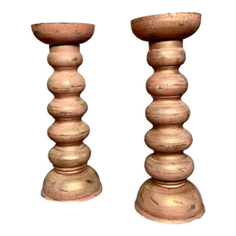 Set of 2 turned wooden candle holders