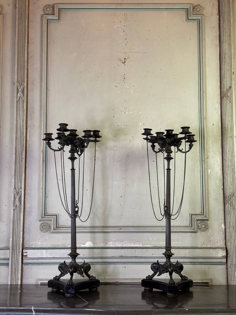 Pair of large bronze candelabras in the Antique style, circa 1880