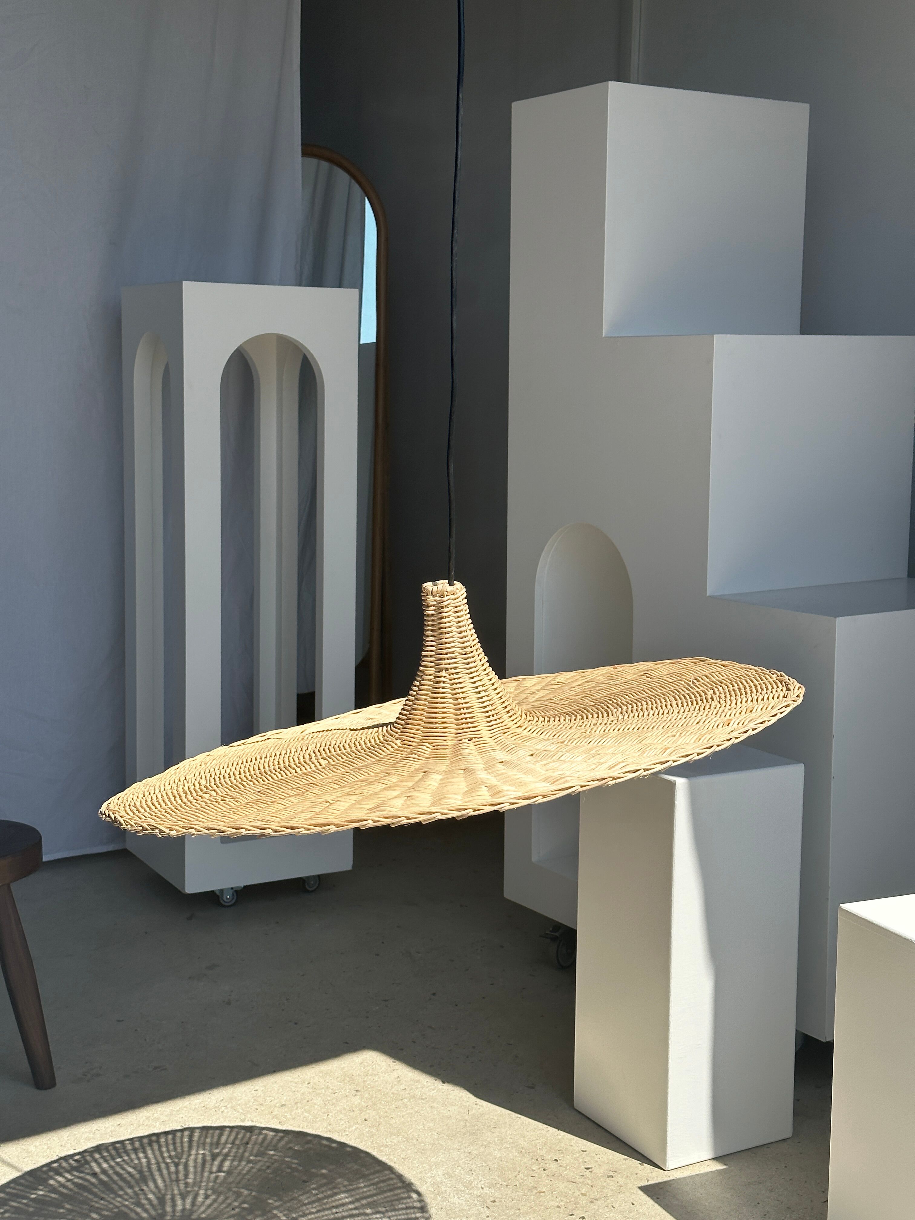 Large suspension, rattan luminaire in hat shape D:80cm