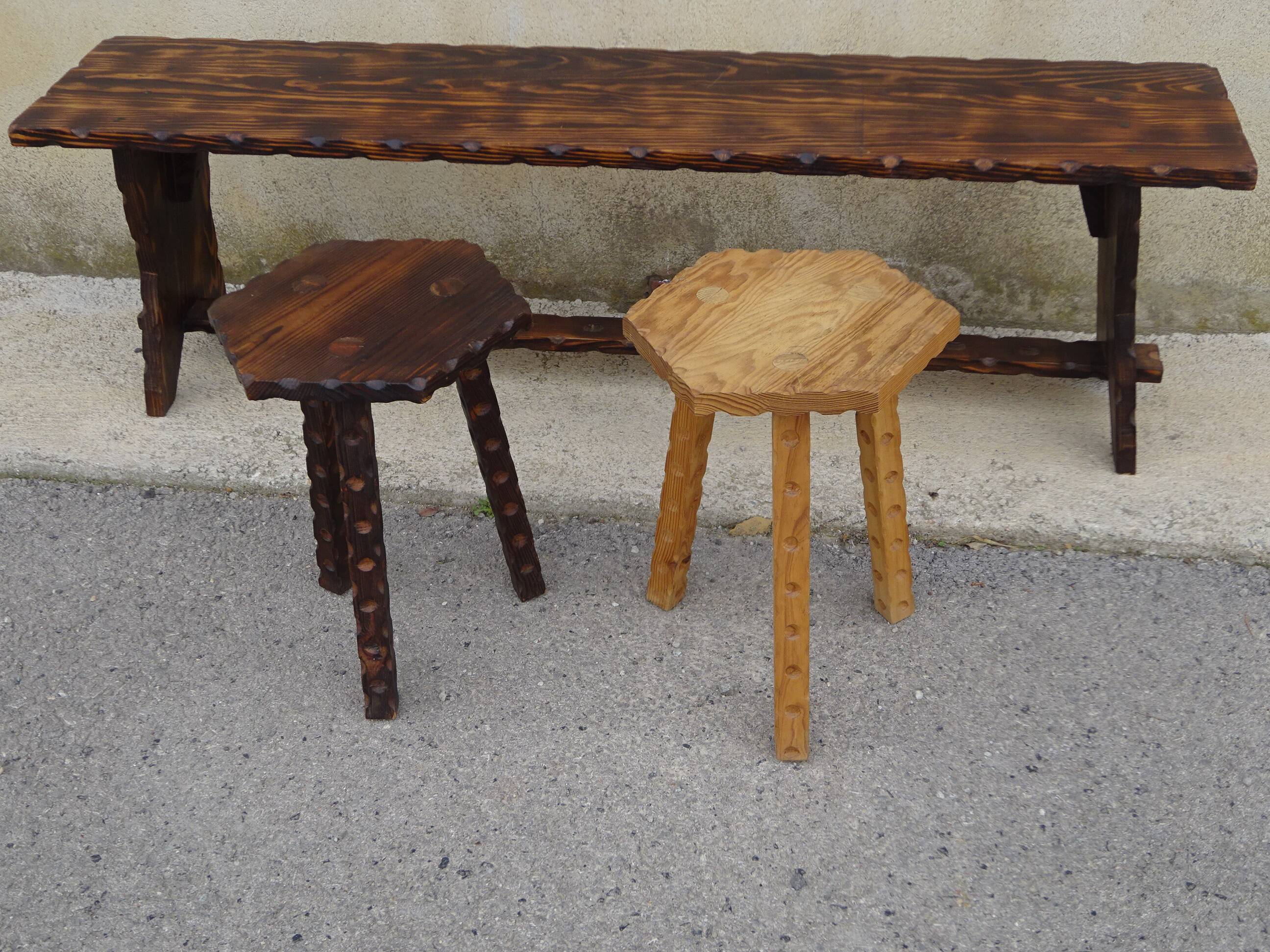 solid pine tripod stools, 2