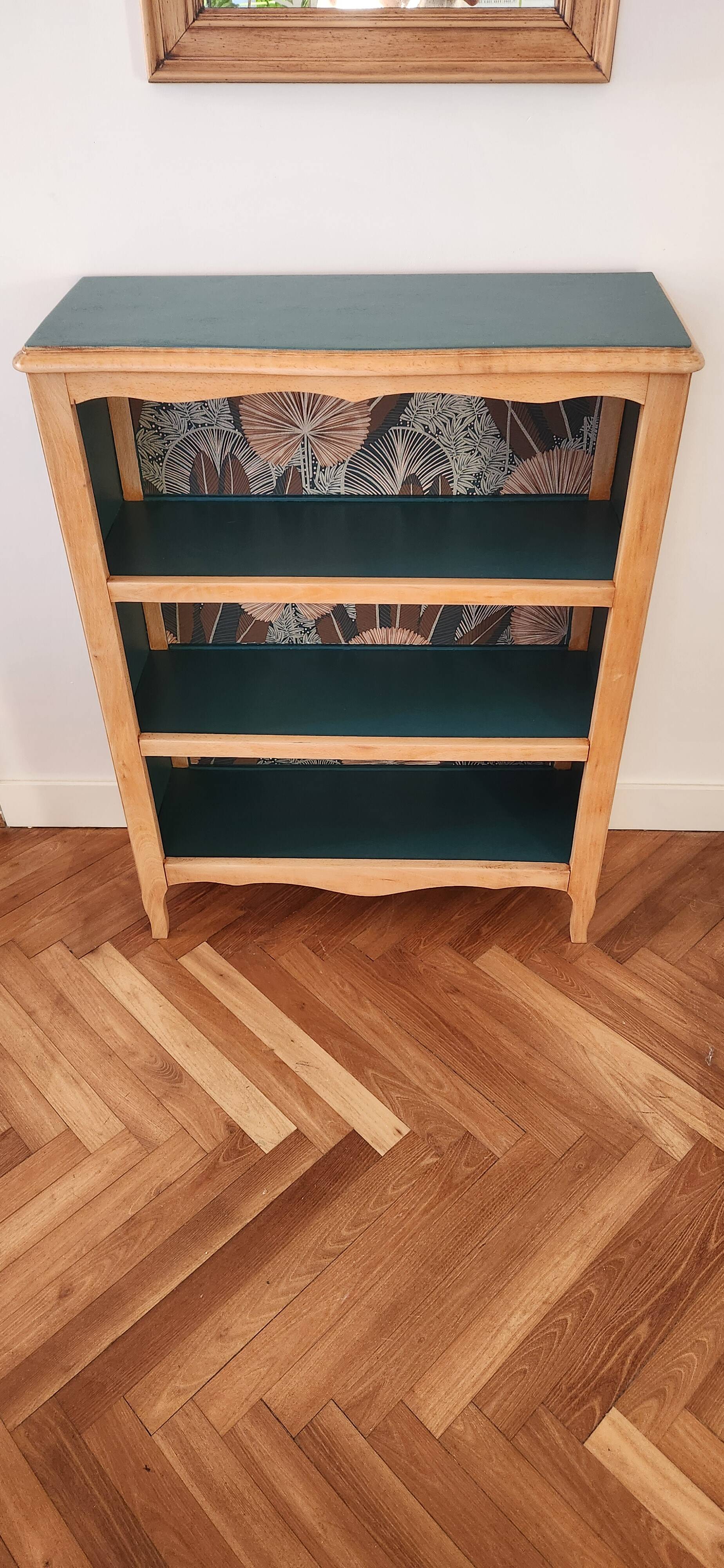 Renovated green cedar wood bookshelf