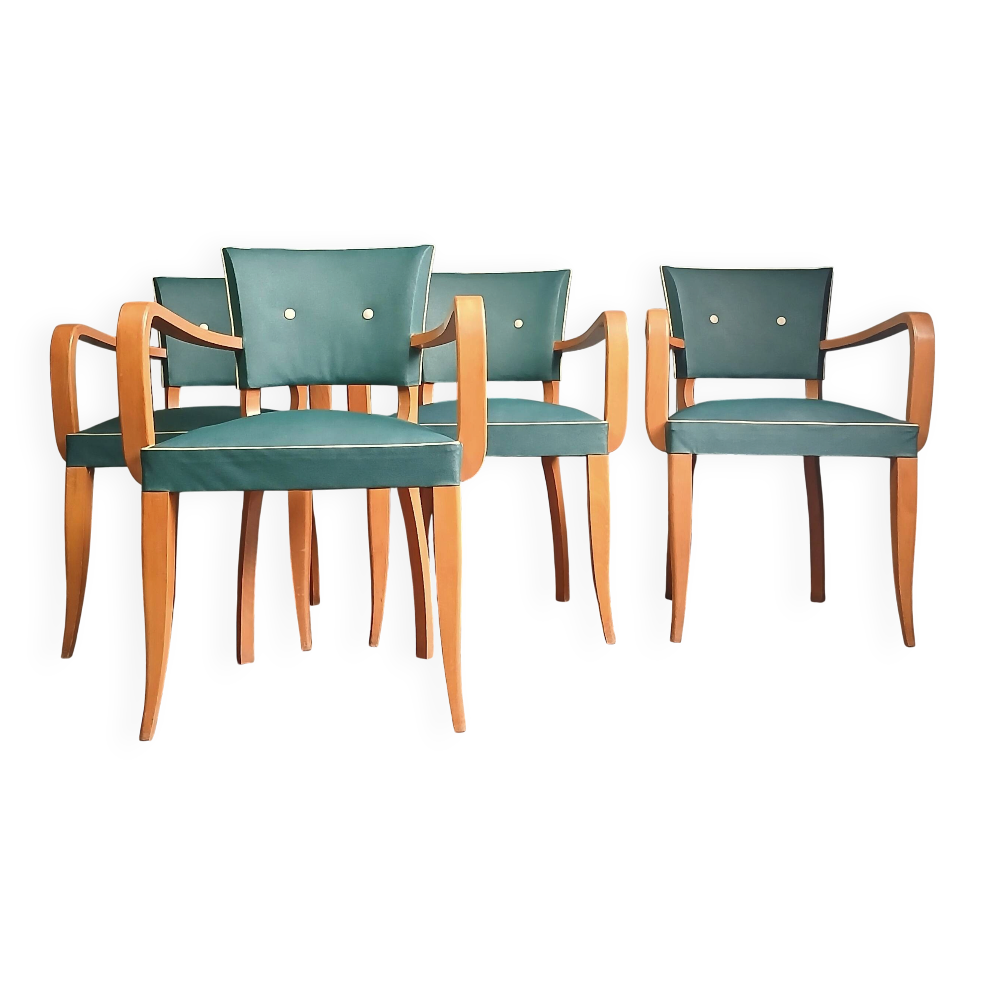 Set de 4 fauteuils bridges hêtre massif vernis & simili cuir vert 1958