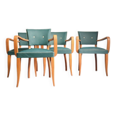 Set de 4 fauteuils bridges hêtre massif vernis & simili cuir vert 1958