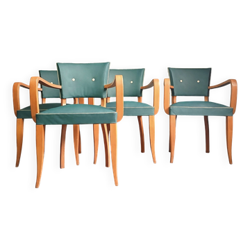 Set de 4 fauteuils bridges hêtre massif vernis & simili cuir vert 1958