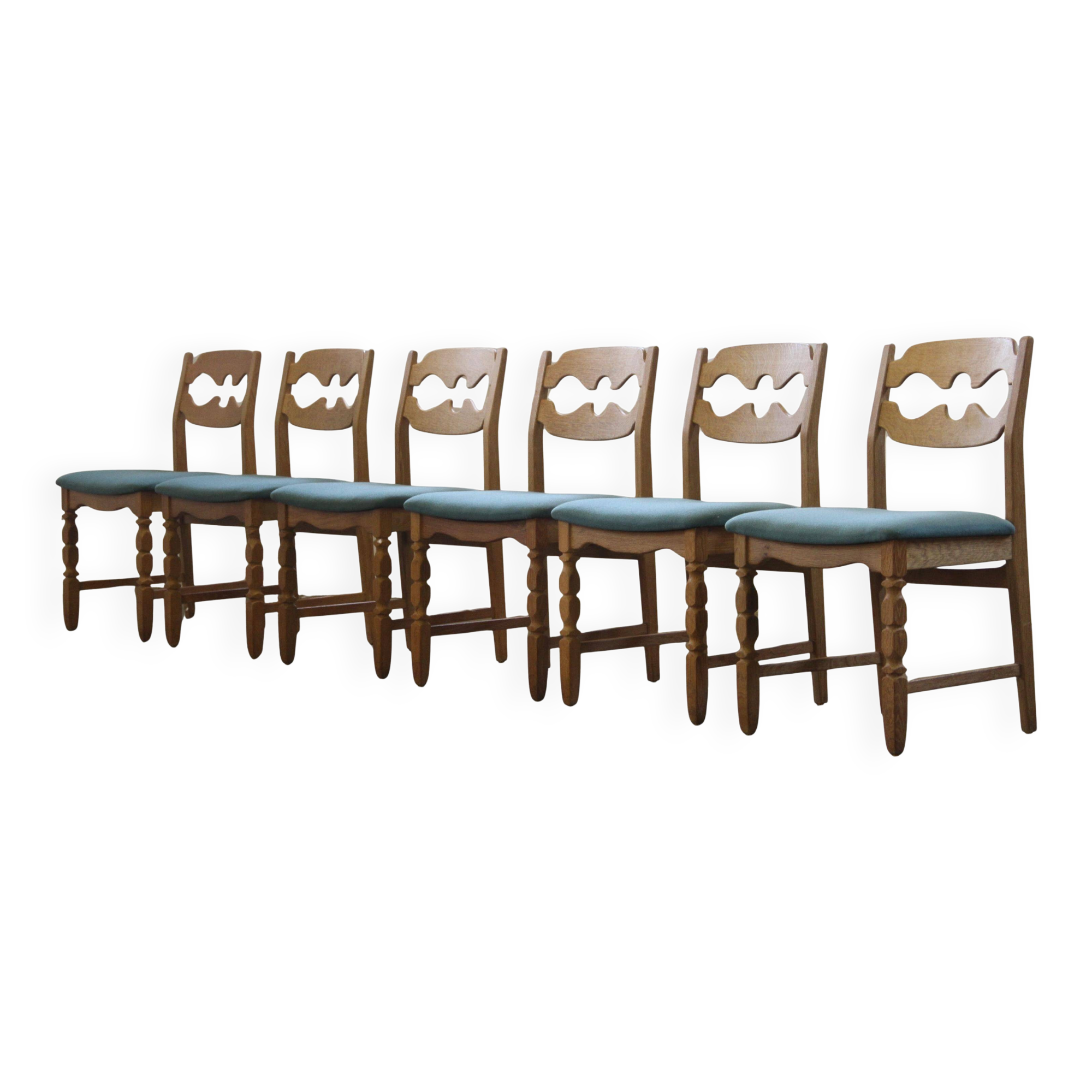 1960s Danish brutalist oak Razorblade dining chairs attributed to Henning Kjærnulf