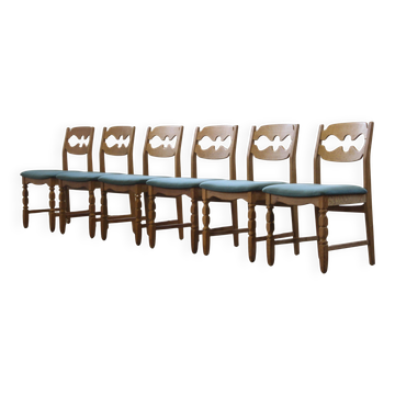 1960s Danish brutalist oak Razorblade dining chairs attributed to Henning Kjærnulf