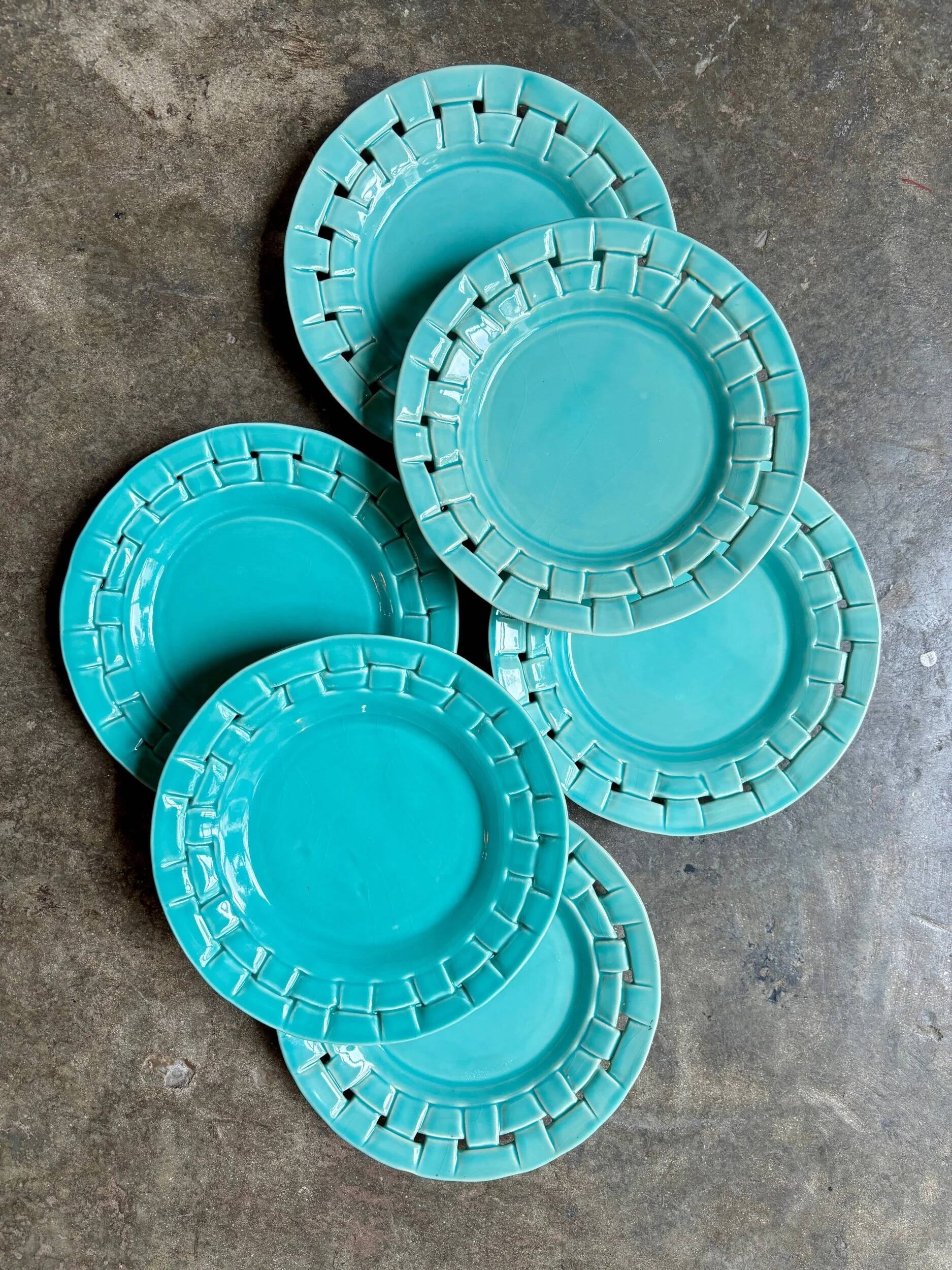 6 turquoise woven ceramic dessert plates