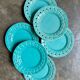 6 turquoise woven ceramic dessert plates