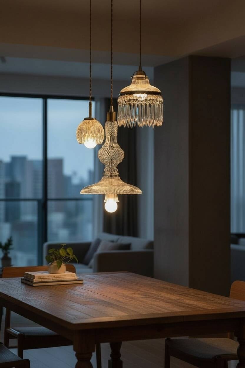 Suspension cascade triple Holophanes and vintage pendants