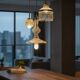Suspension cascade triple Holophanes and vintage pendants