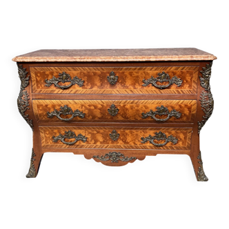 Louis XIV style commode. Walnut burl veneer and rosewood.