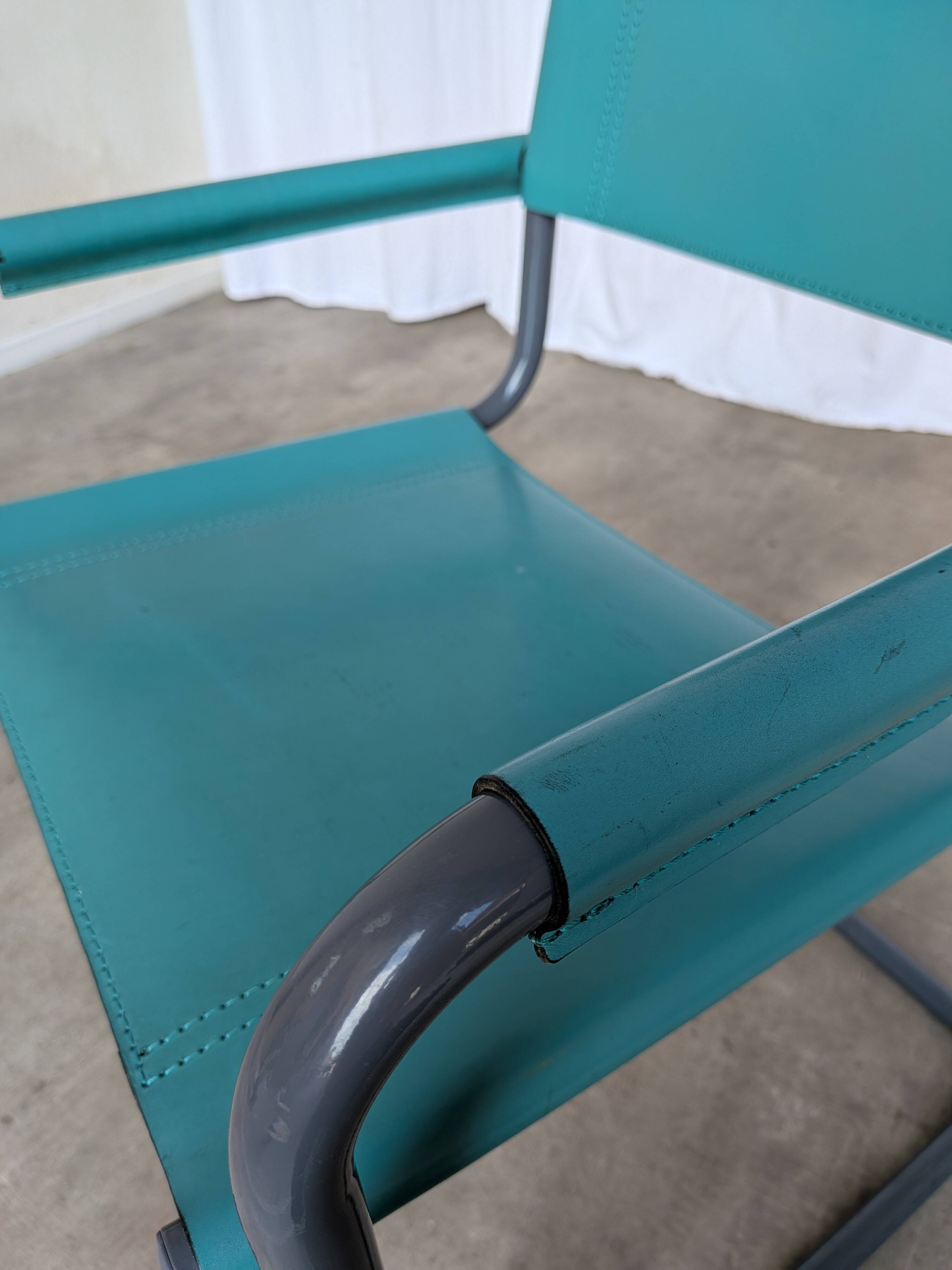 Vintage Mart Stam Style Armchair: Turquoise Leather, Black Chrome Cantileve