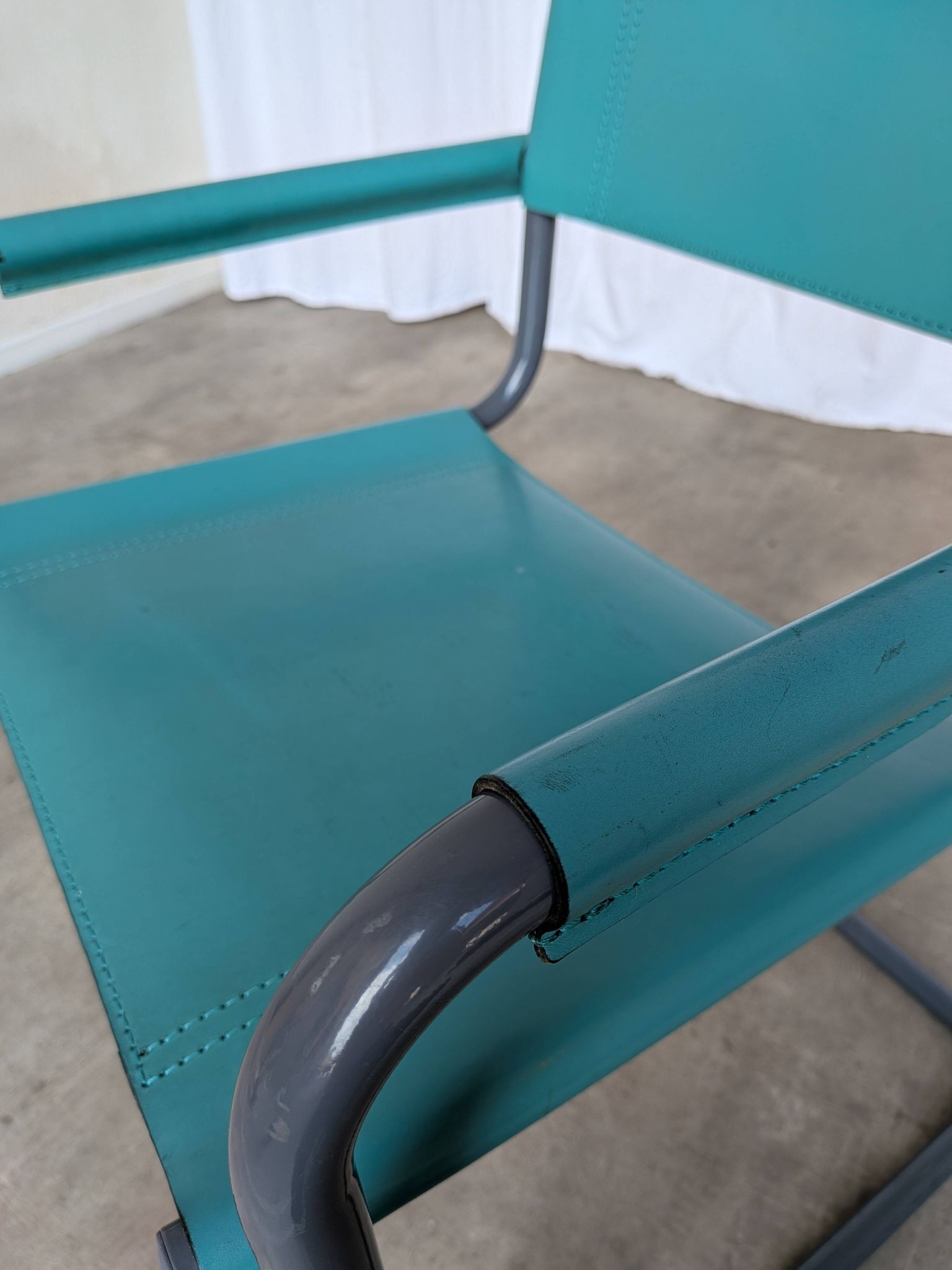 Vintage Mart Stam Style Armchair: Turquoise Leather, Black Chrome Cantileve