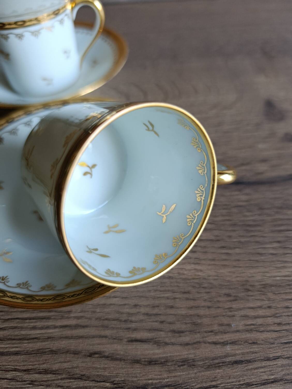 3 litre cups and saucers Empire gilded porcelain, Limoges 1950