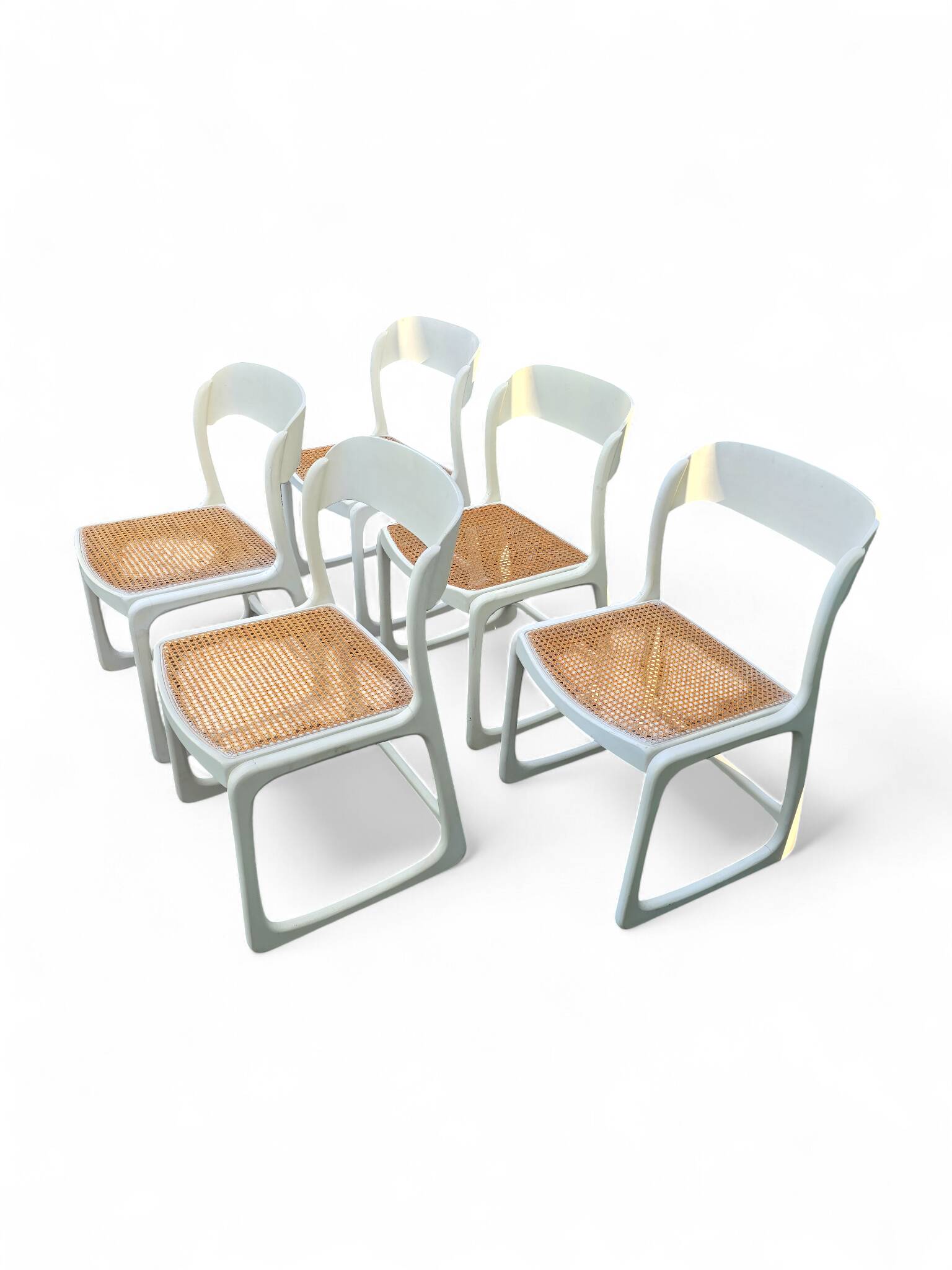 Set of 5 white Baumann "Sleigh" chairs
