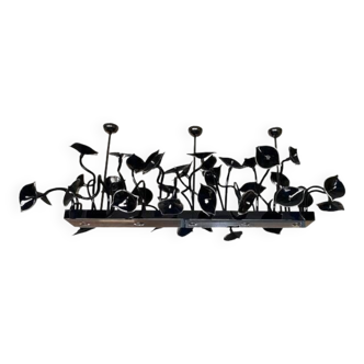 Contemporary black flowers and leaves rectangular murano glass chandelier