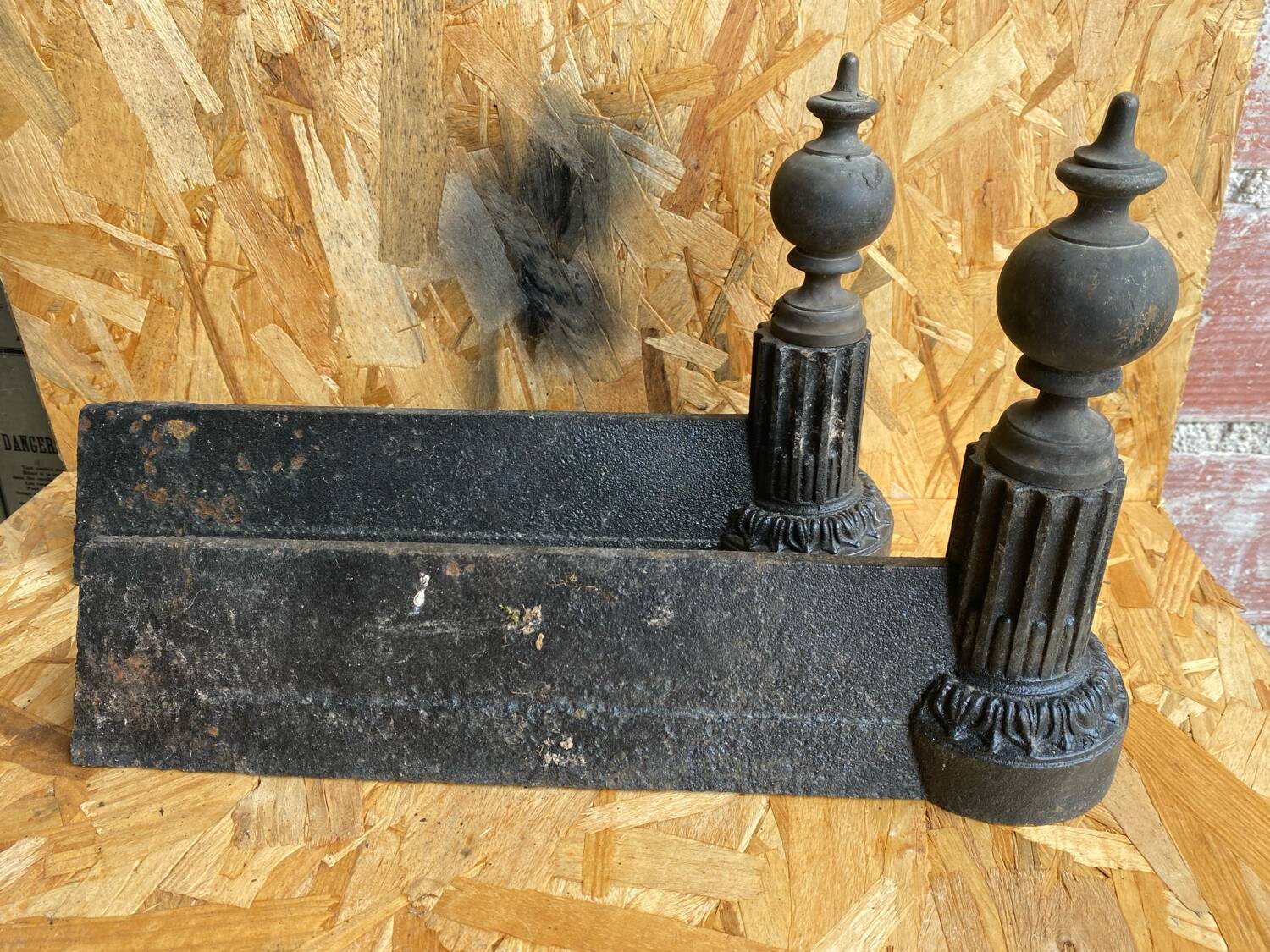 Pair of Napoleon 3 neoclassical cast iron fireplace andirons + brass ball