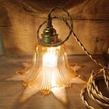 Amber tulip glass portable lamp, golden braided cord.