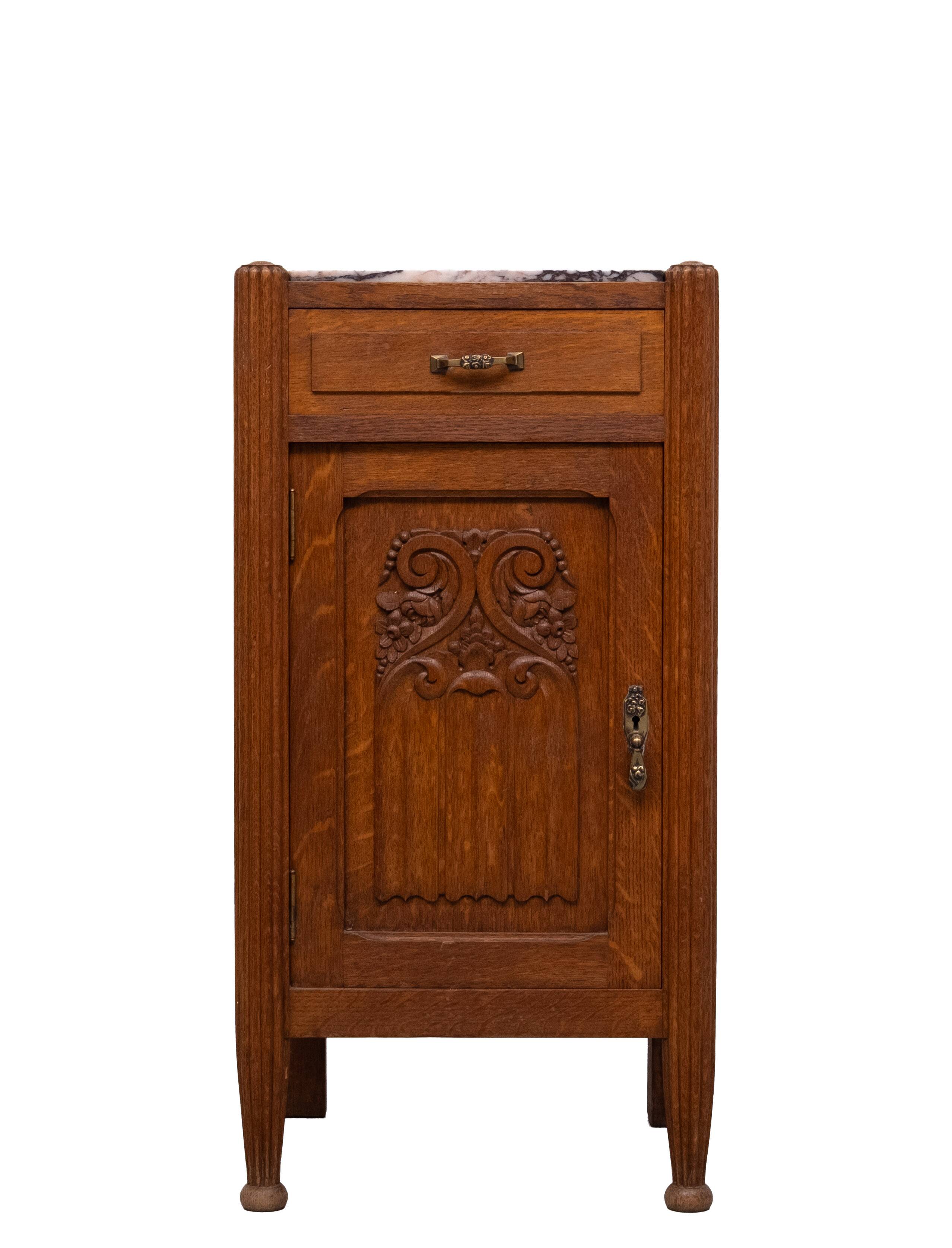 Art Nouveau Nightstand, Solid Oak & Marble Top, Hand-Carved, 1920s