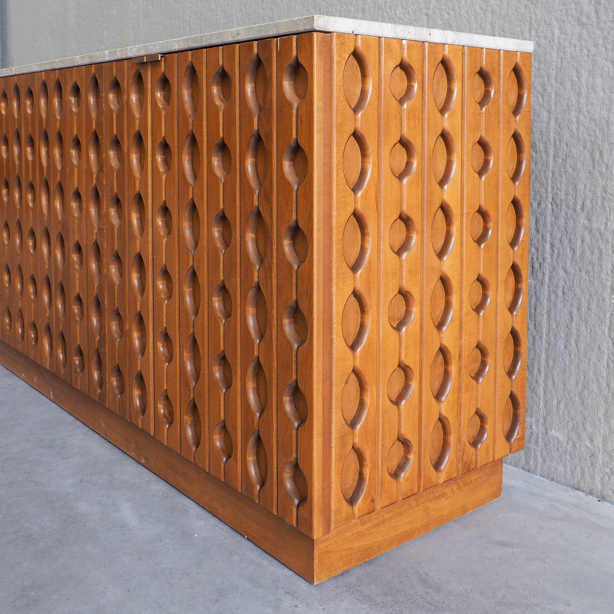 Contemporary Brutalist Carved Wood Sideboard With Travertine Top In review