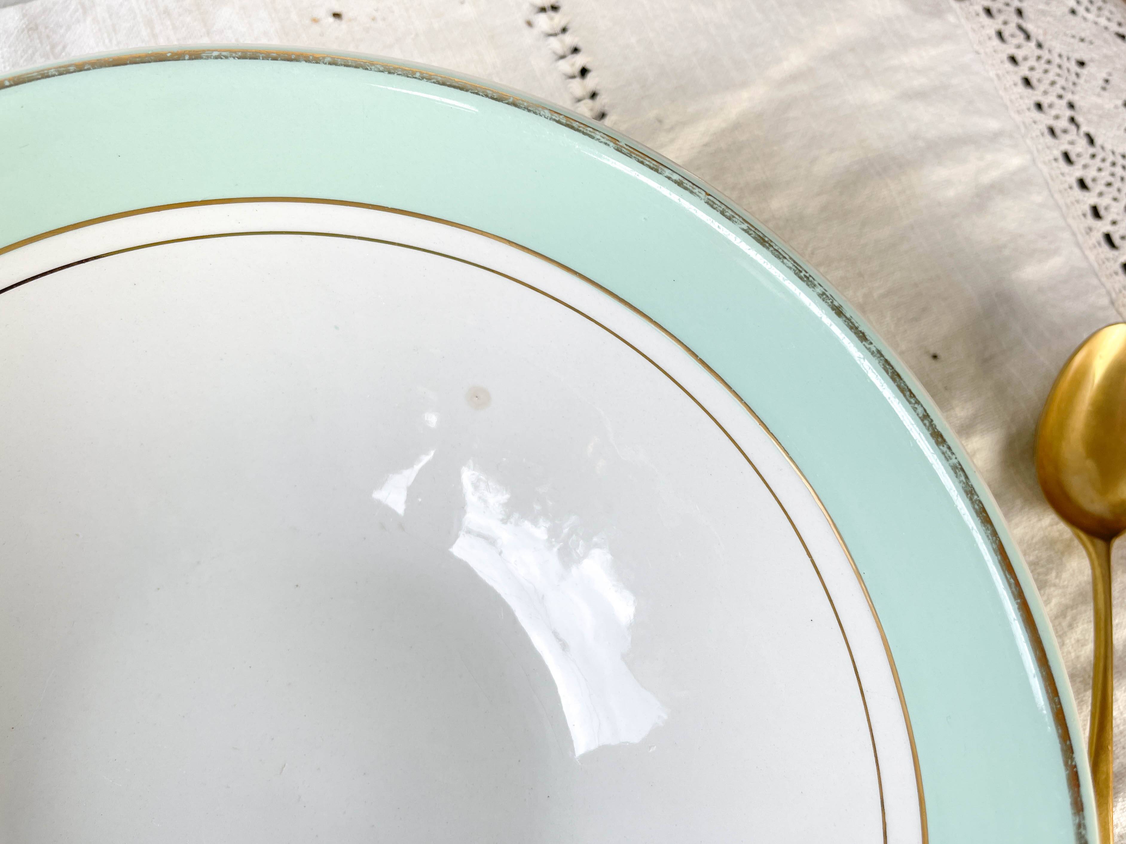 Vintage white and green porcelain salad bowl, Luneville, Epinay, France, 1950s