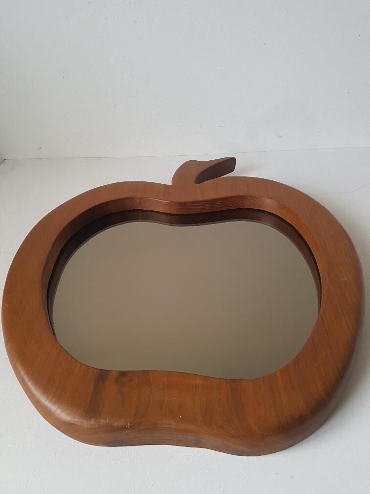 Apple shaped wooden mirror, design 70's, 55x60cm