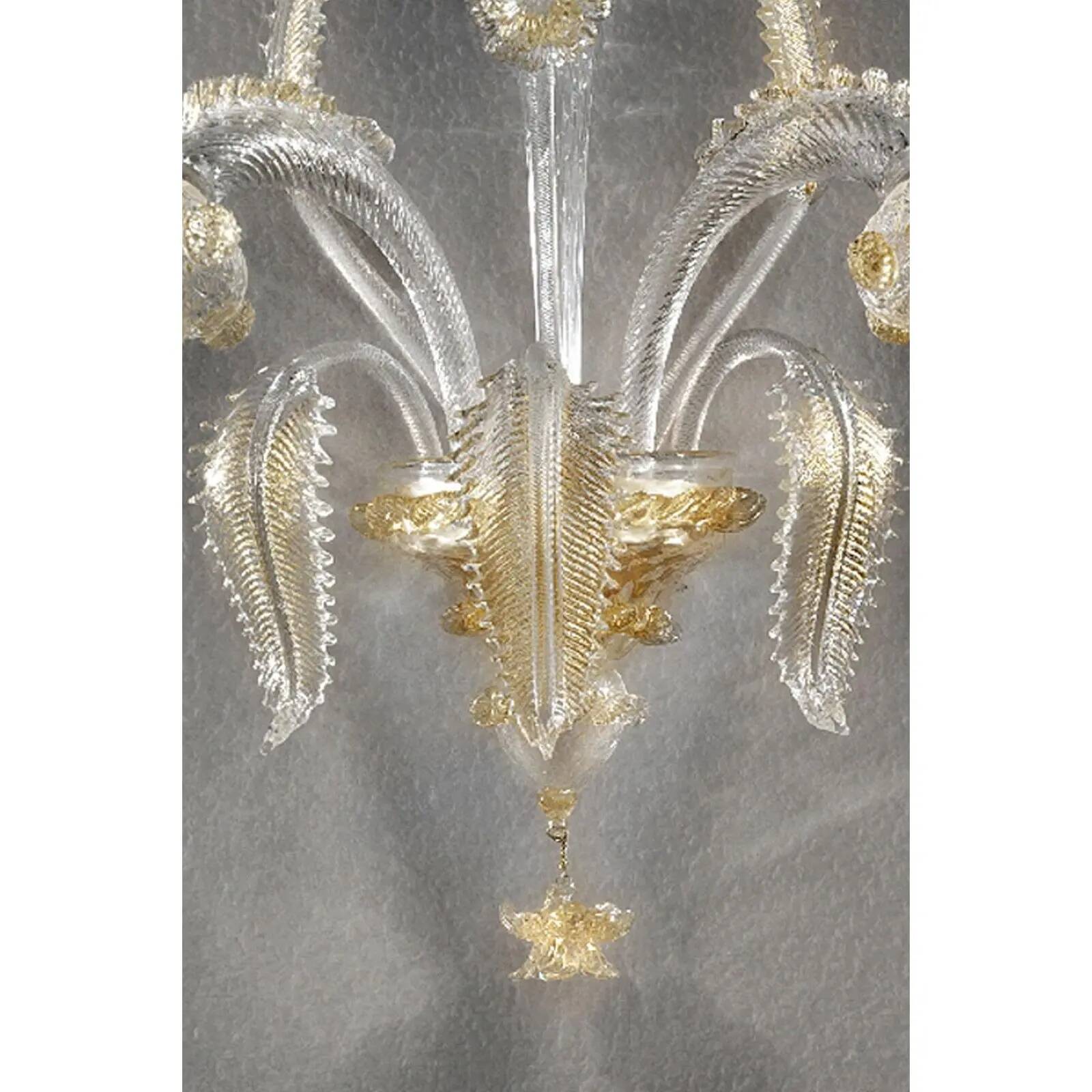 Luxury Italian Clear and Gold-Leaf Wall Sconce R With Flowers and Leaves Mu