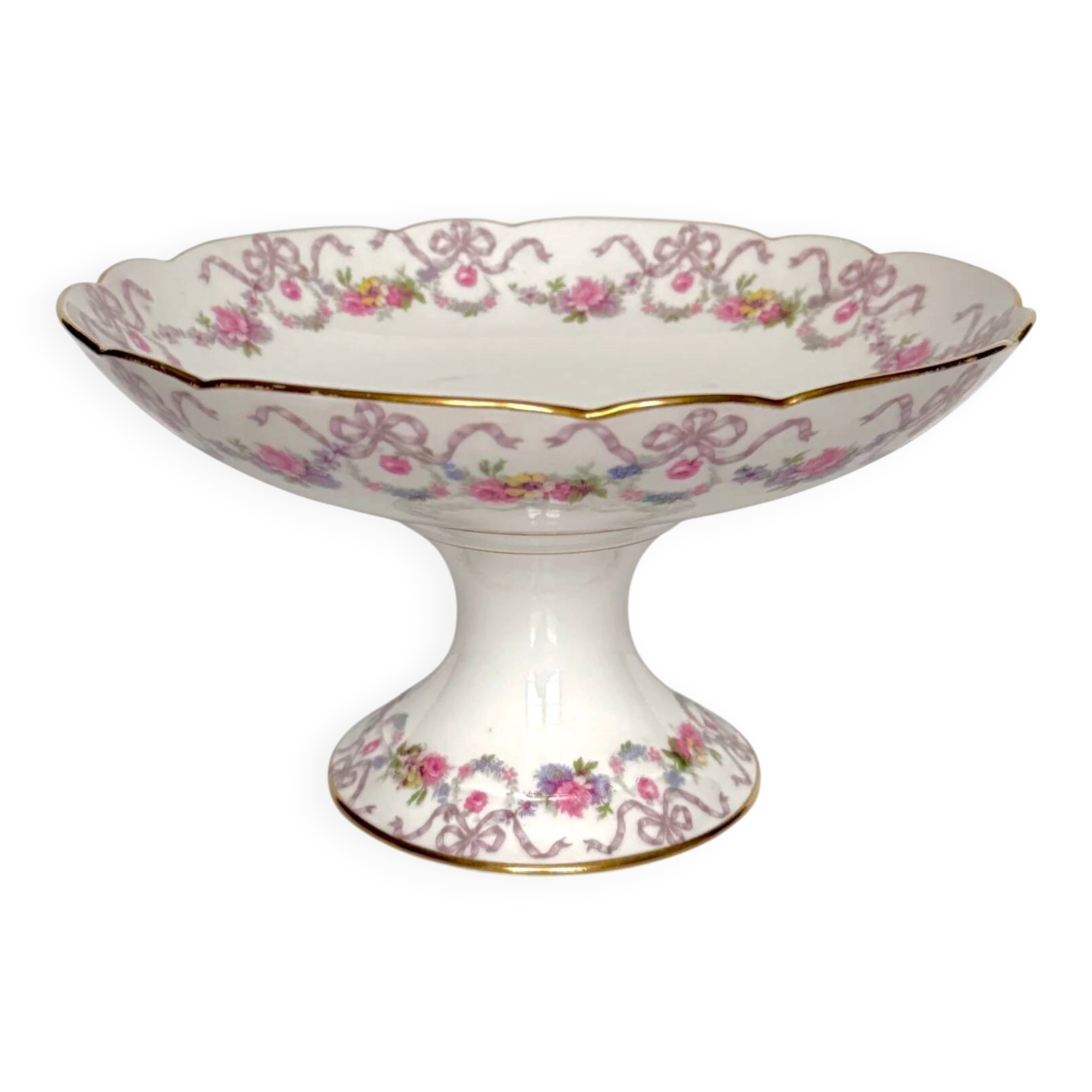 Compote dish on pedestal / fruit bowl in Limoges porcelain with floral garlands and ribbons | “Vieux Bernardaud” D&C (Delinières & Cie) | late 19th century