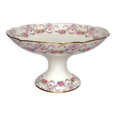 Compotier sur piédouche / coupe à fruits en porcelaine de Limoges à guirlandes florales et rubans   “Vieux Bernardaud” D&C (Delinières & Cie)   fin XIXe siècle