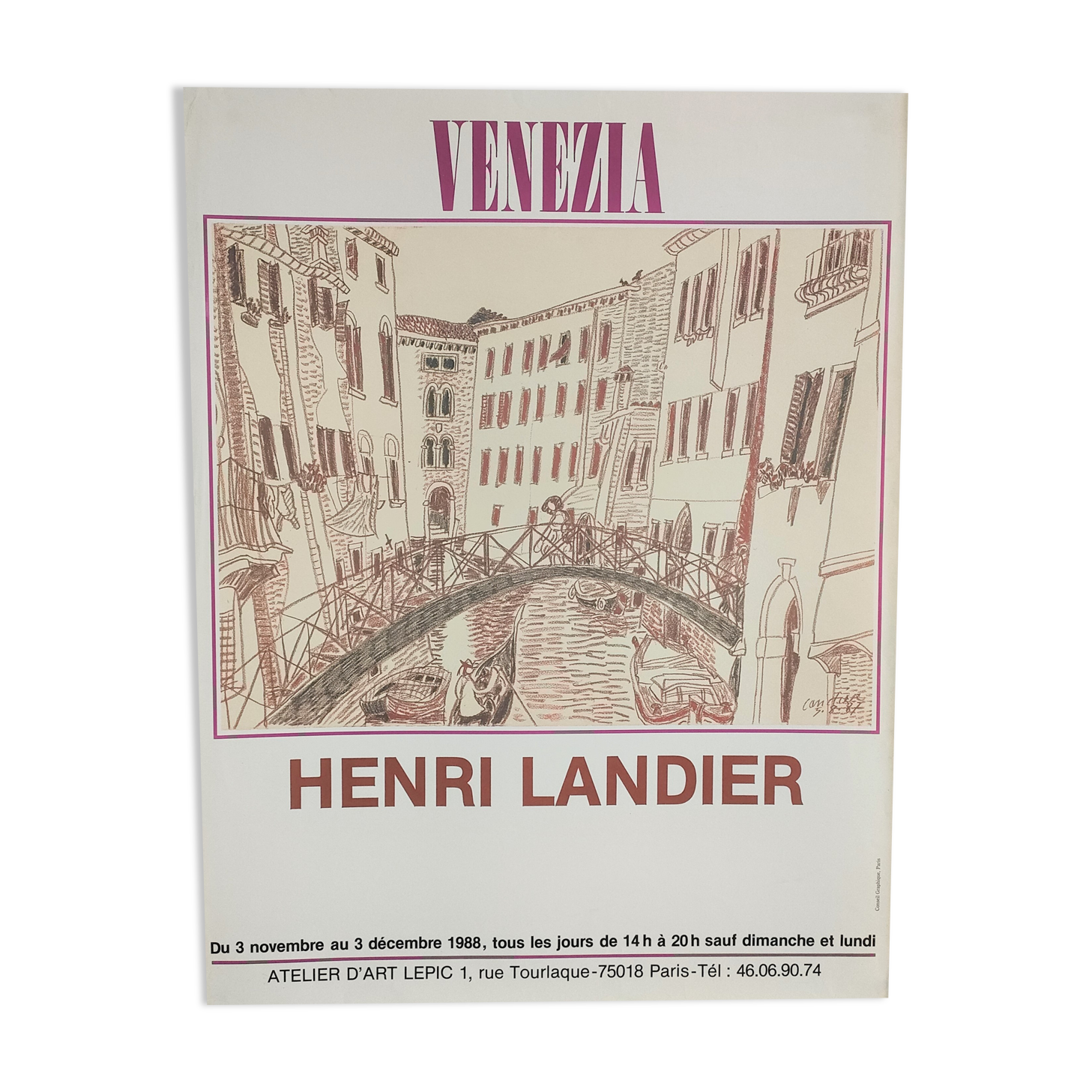 Original poster exhibition Venezia Henri Landier Paris 1988