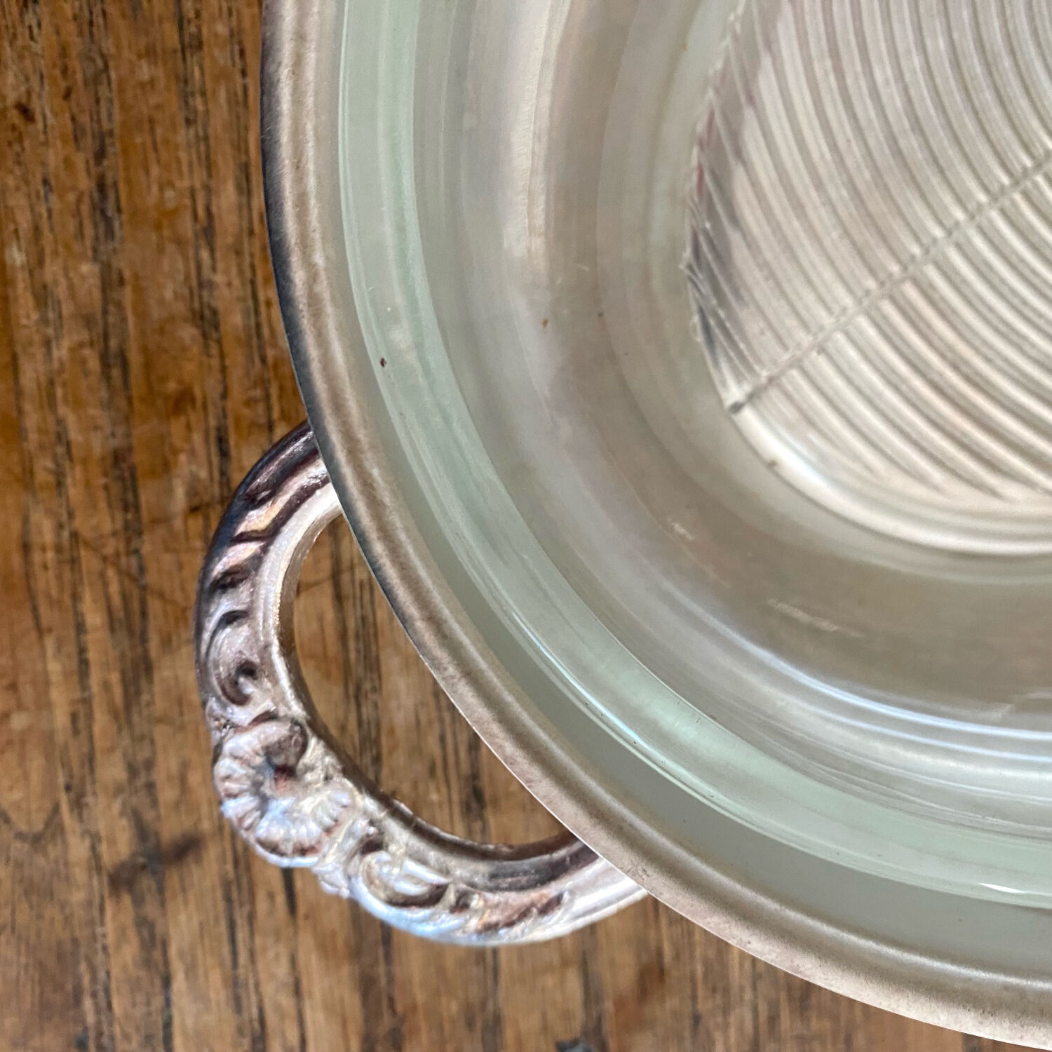 Oval silver-plated metal and glass dish