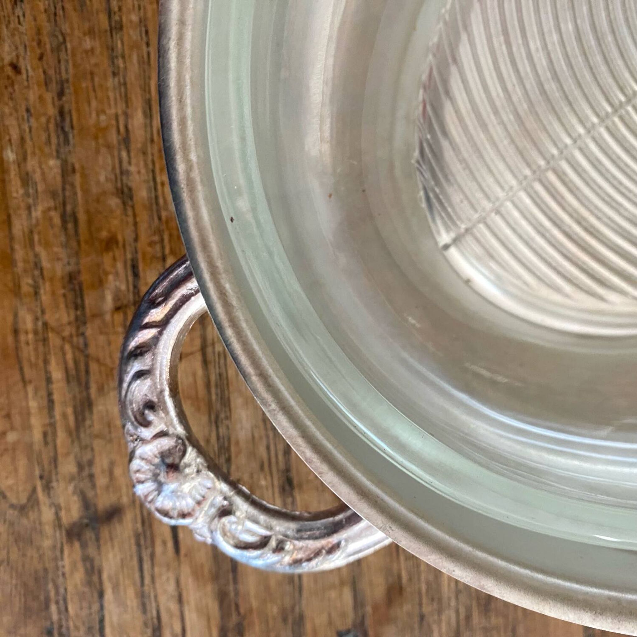 Oval silver-plated metal and glass dish
