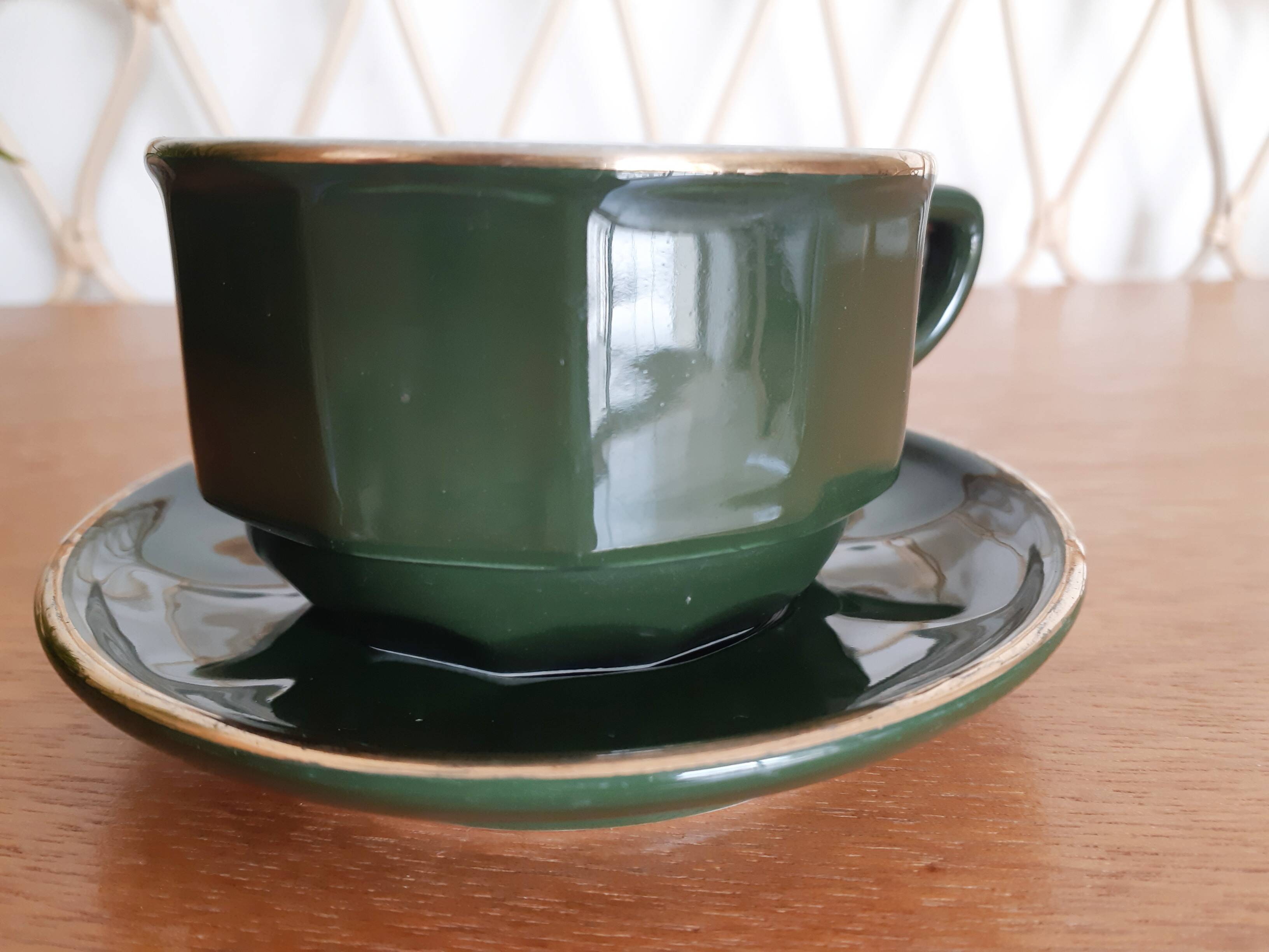 Chocolate cup or large green and gold bistro café "Apilco", porcelain