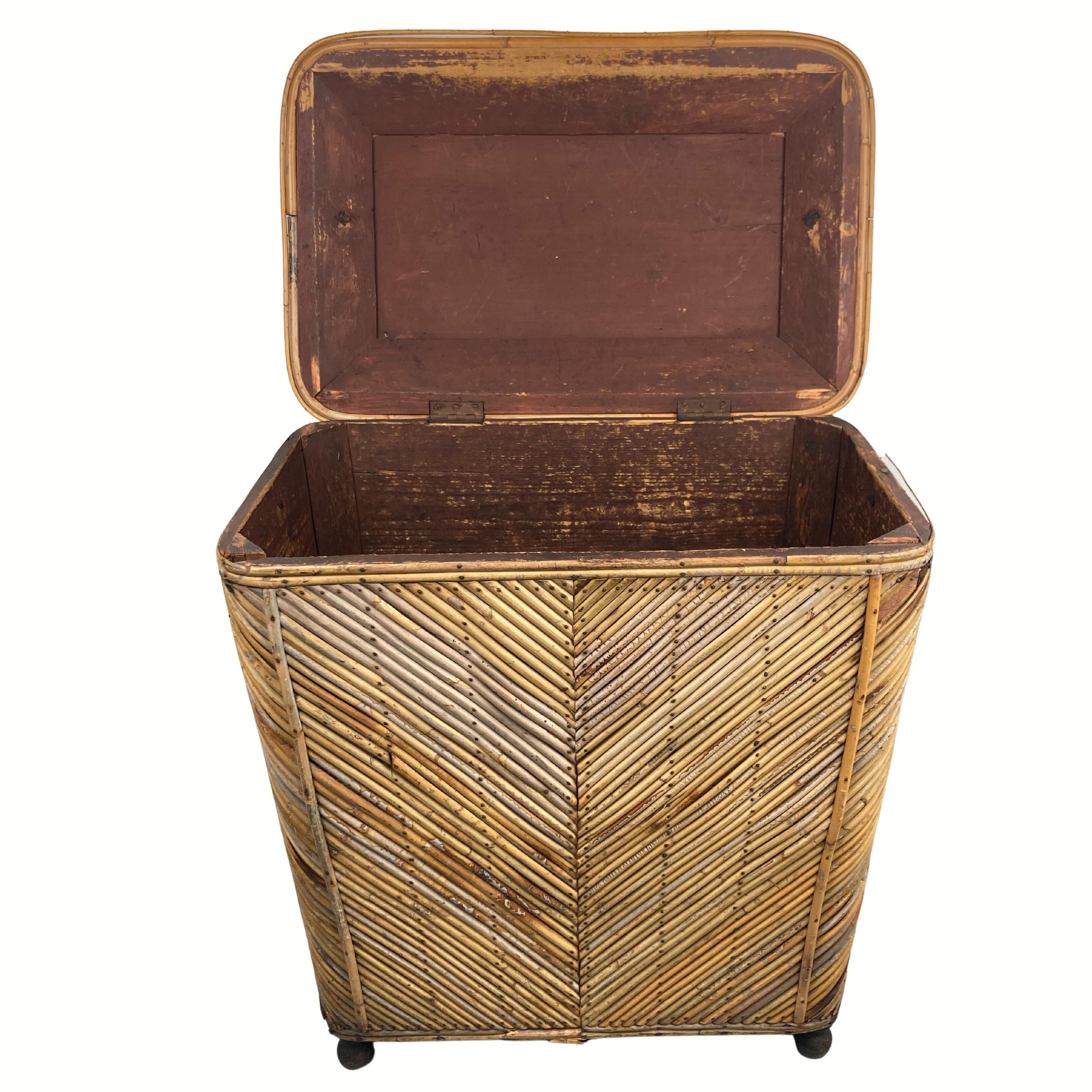 Vintage pencil split reed rattan bamboo wicker chest, 1930s-1950s