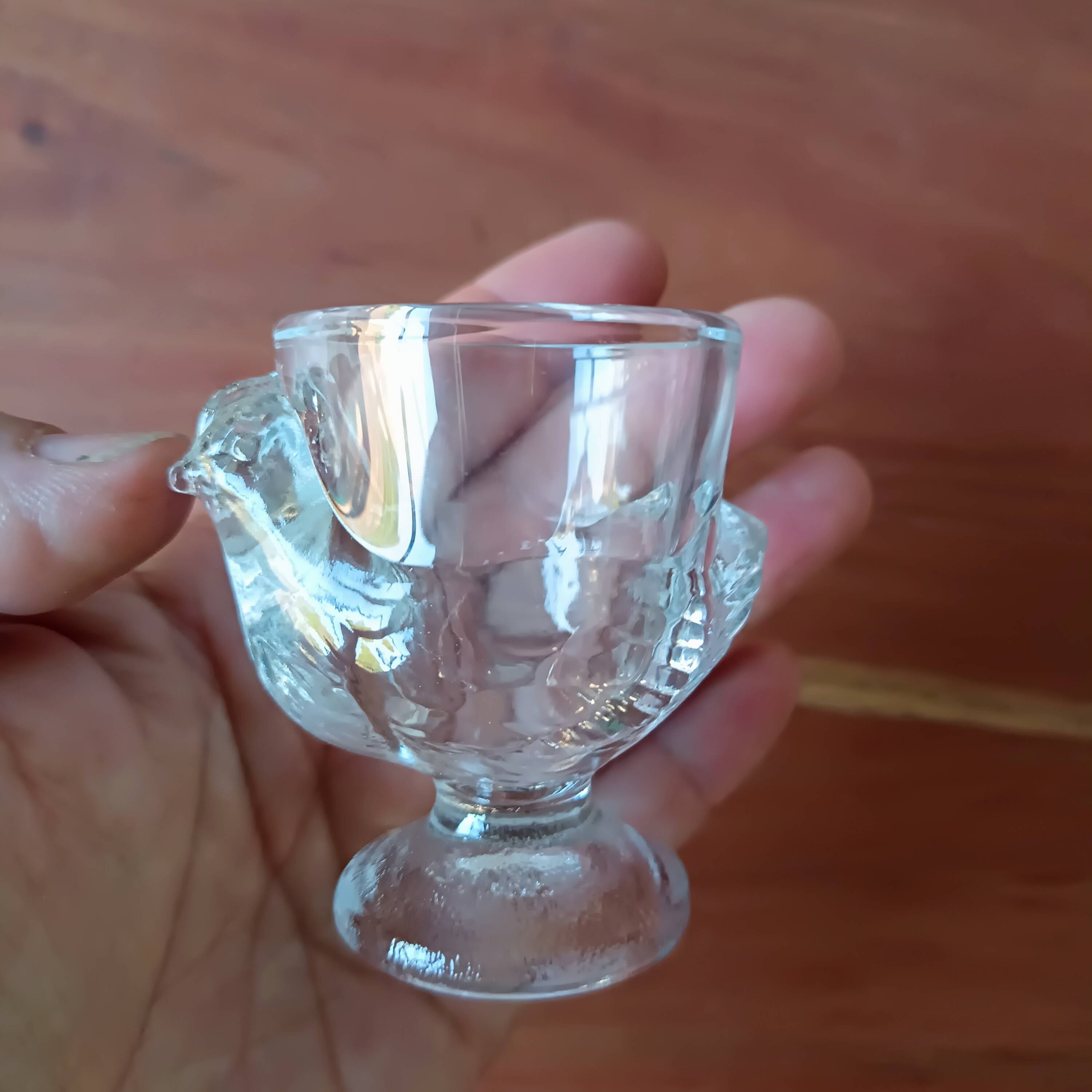 4 VINTAGE French egg cups, transparent glass, hen shape