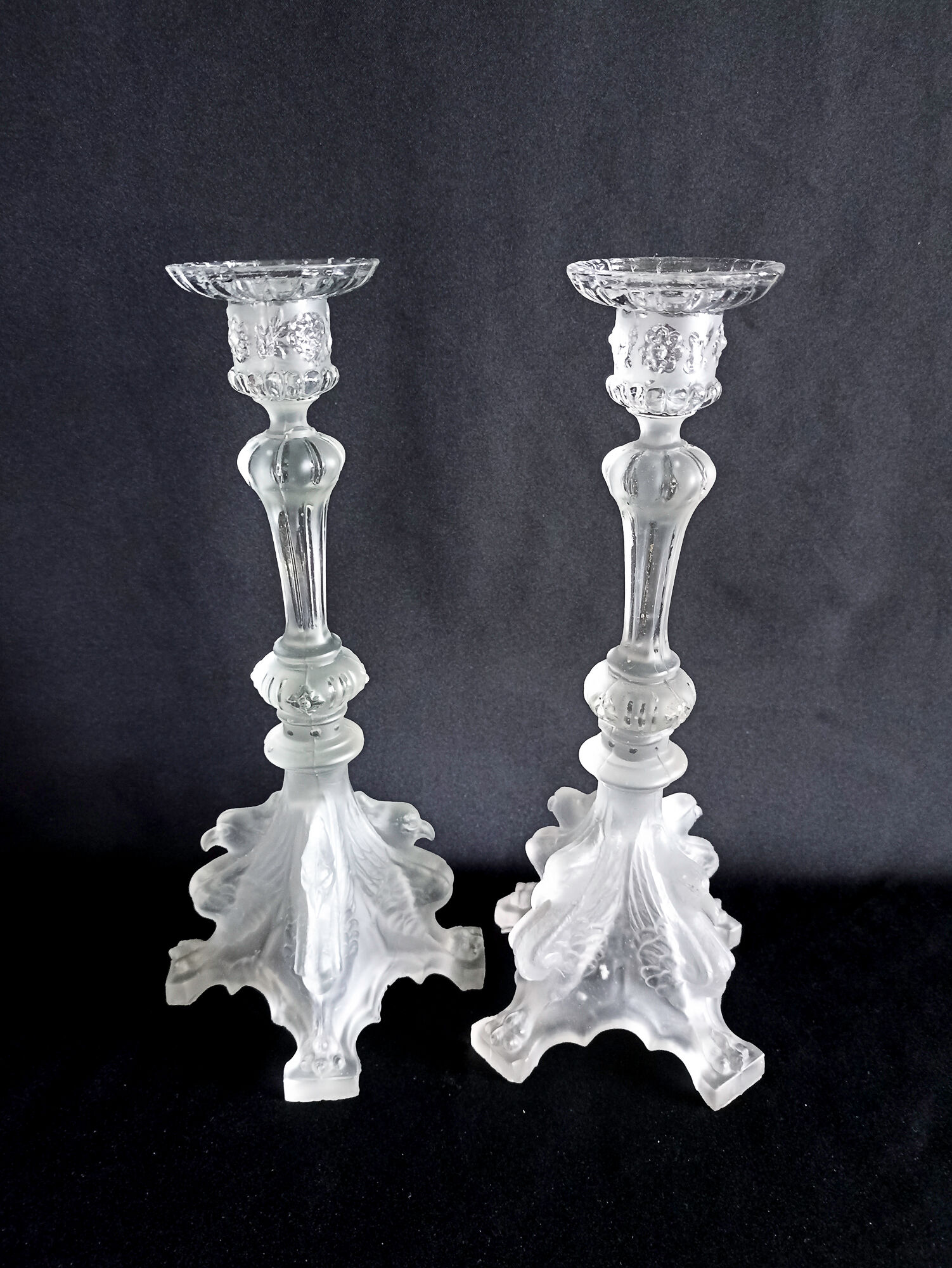 Pair of pressed molded glass candlesticks from Val St Lambert model Griffon