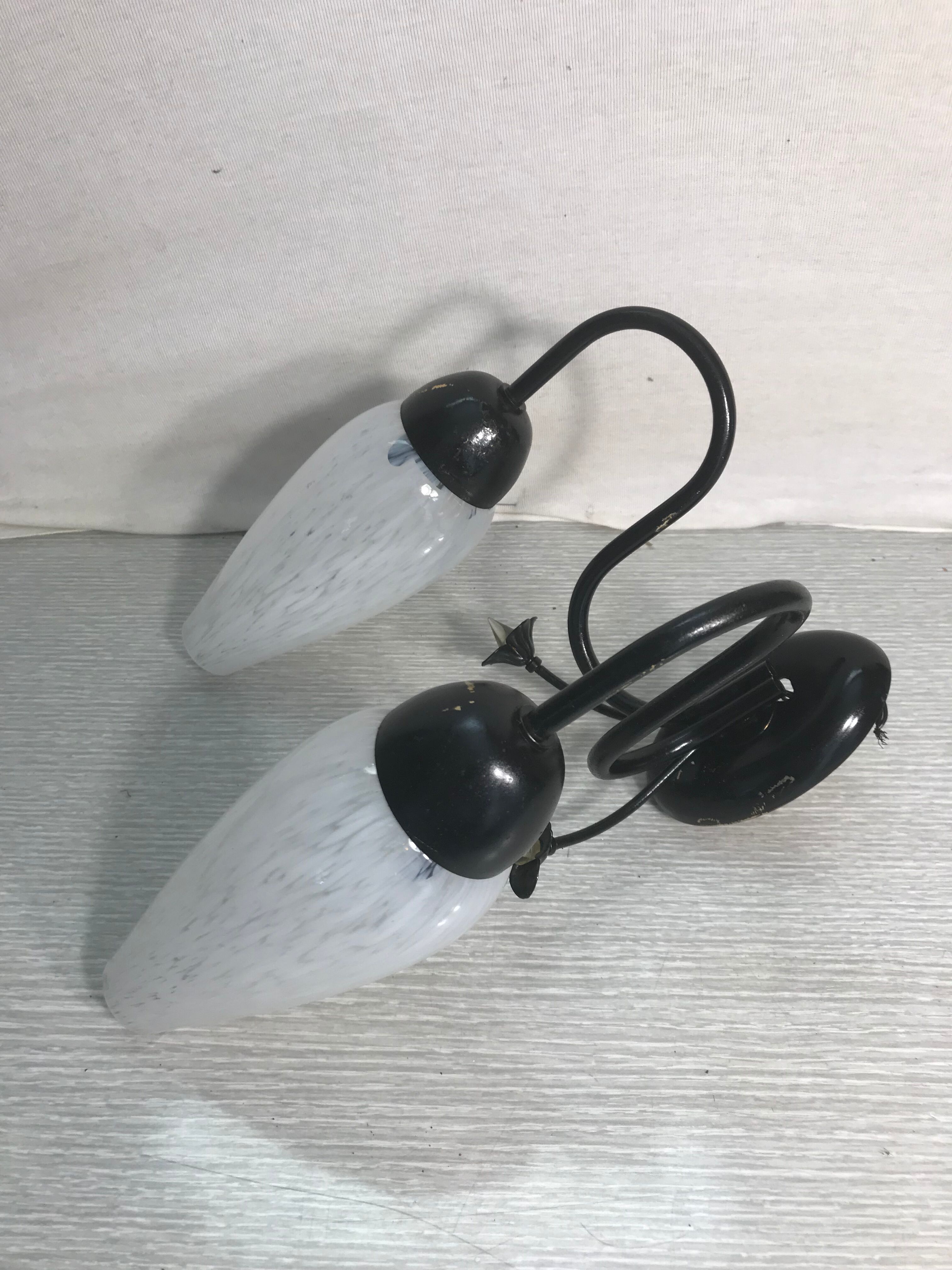 Vintage double metal black wall sconce with flowers and white glass reflectors