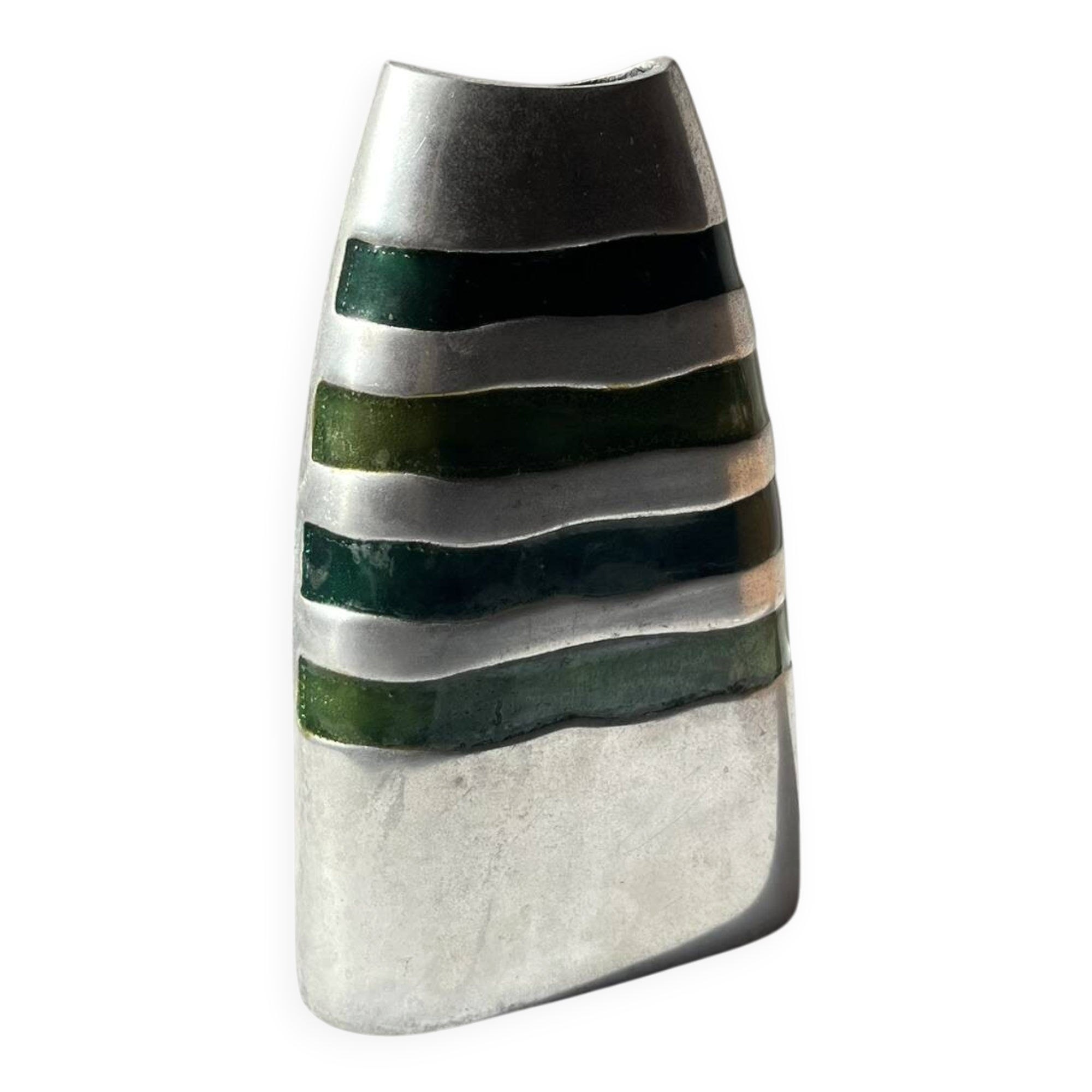 Vintage brushed aluminium vase with green stripes.