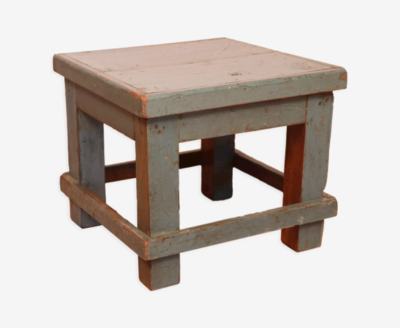 Table de chevet d'atelier en teck birman patine bleue d'origine /idéal en sellette p