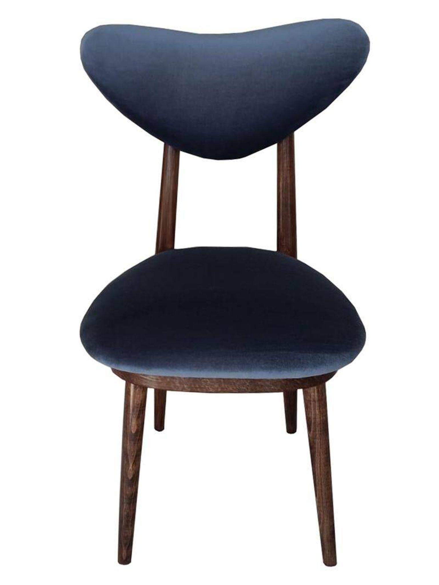 Heart-shaped blue velvet chair with walnut wood, mid-century, Poland, 1960s.