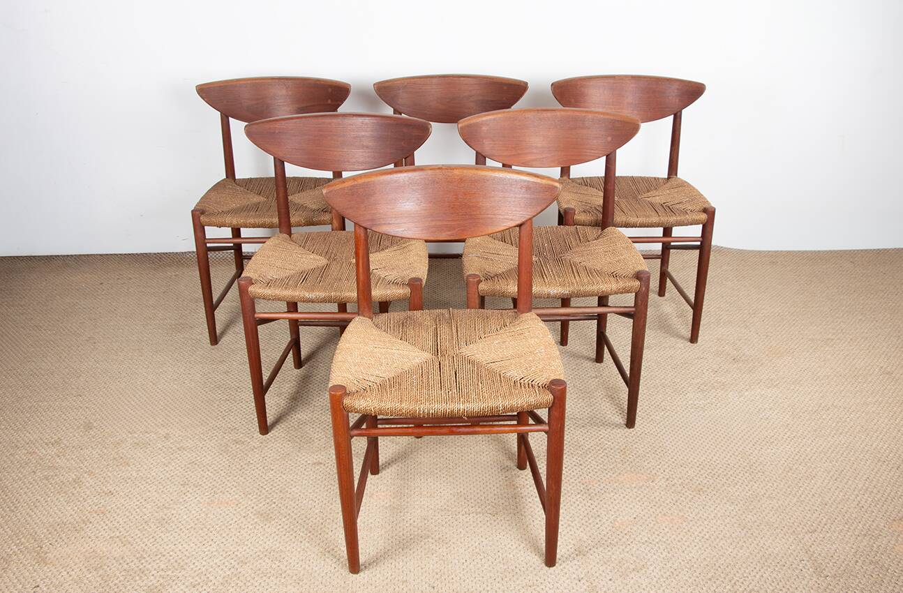 6 Danish chairs in teak and sea rush, model 316 by Peter Hvidt 1960.