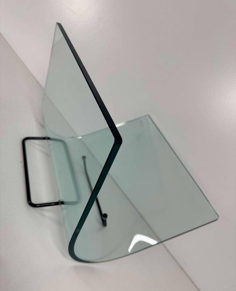 Italian Curved Glass and Metal Magazine Holder, FIAM, 1980s